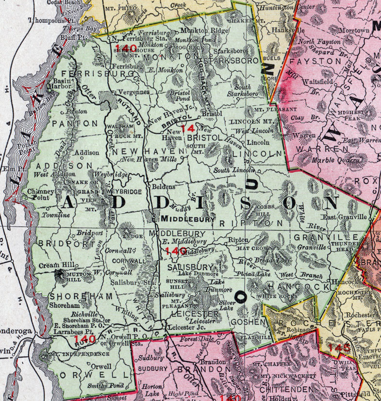 Addison County, Vermont, 1911, Map, Rand McNally, Middlebury, Bristol, Vergennes, Salisbury, East Middlebury, Orwell, Bridport, Ferrisburg