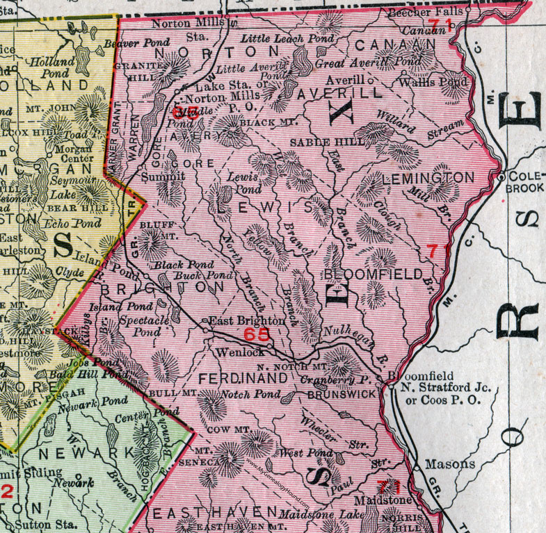 An enlarged map view of the northern half of Essex County, Vermont in 1911.