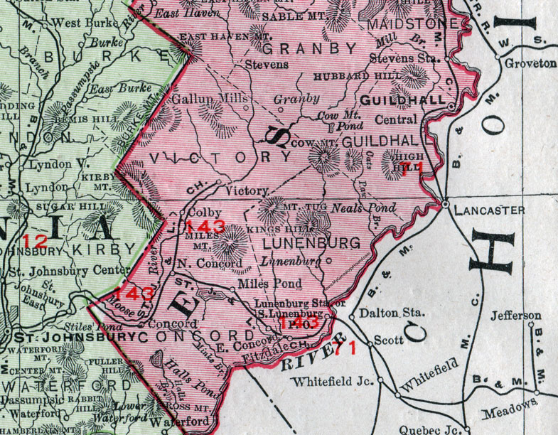 An enlarged map view of the southern half of Essex County, Vermont in 1911.