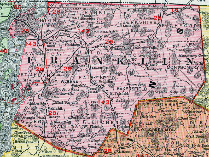 Franklin County, Vermont, 1911, Map, Rand McNally, St. Albans, Swanton, Sheldon Springs, Enosburg Falls, Richford, East Berkshire, Fairfield, Bakersfield, Sheldon, Highgate