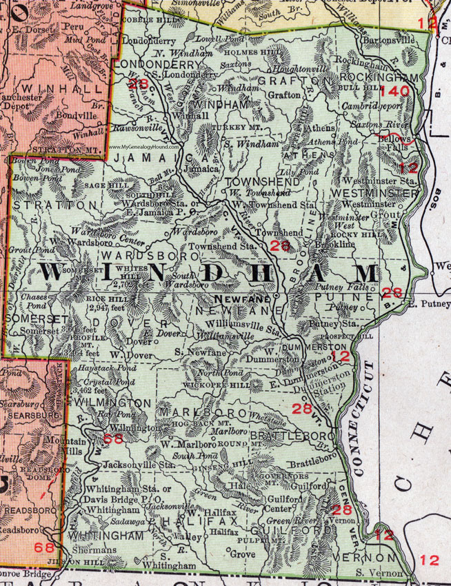Windham County, Vermont, 1911, Map, Rand McNally, Newfane, Londonderry, Brattleboro, Bellows Falls, West Townshend, Newfane, Putney, Saxtons River, Whitingham, Wilmington, West Halifax, Williamsville, Marlboro, Wardsboro, West Minster