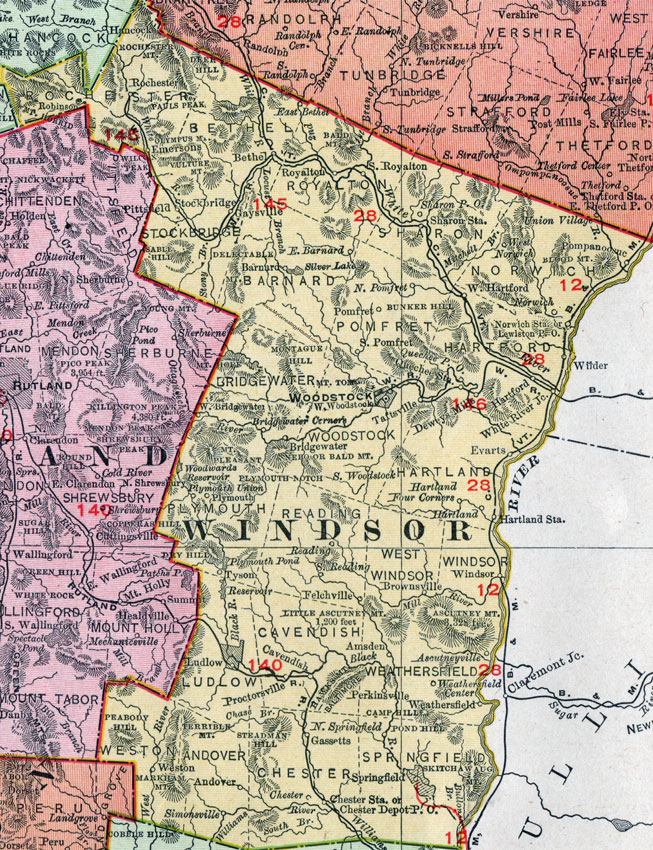 Windsor County, Vermont, 1911, Map, Rand McNally, Woodstock, White River Junction, Ludlow, Springfield, Chester, South Royalton, Bethel, Rochester, Stockbridge, Barnard, North Pomfret, Norwich, Wilder, Hartland, Taftsville