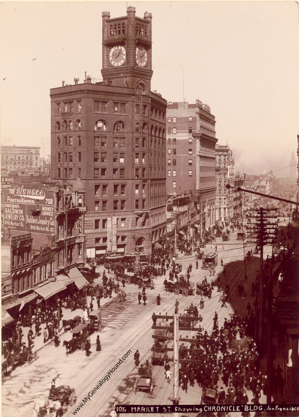 Market Street and Chronicle Building, San Francisco, California, 1906, historical, photograph