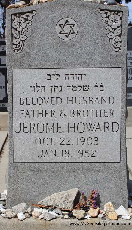 A closeup view of the tombstone on the grave of Jerome Howard, better known as Curly.