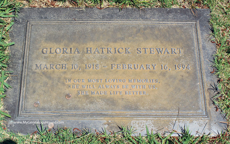 The tombstone and grave of Gloria Hatrick Stewart, wife of James Stewart.