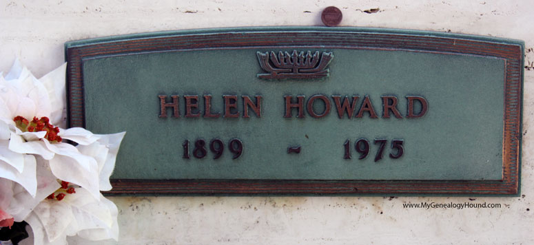 Close-up view of the name plate on the crypt of Helen Howard, 1899-1975