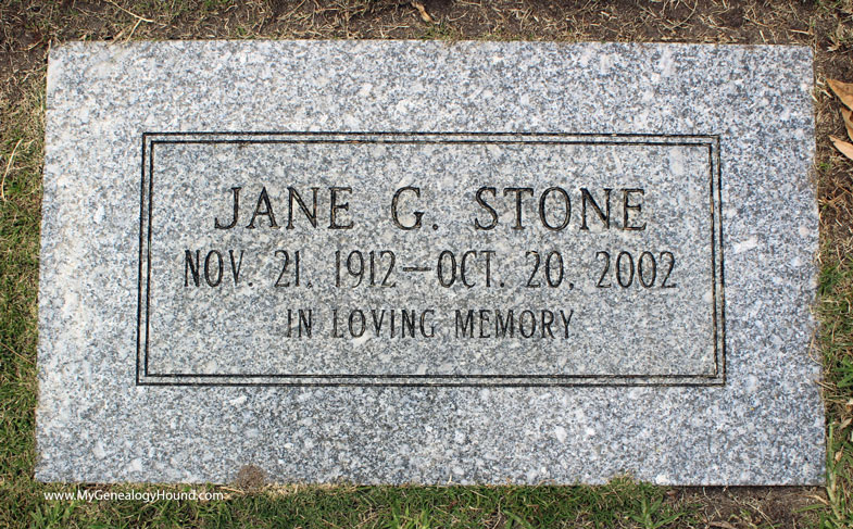 Jane G. Stone, Grave and Tombstone, El Camino Memorial Park Cemetery, San Diego, California, photo