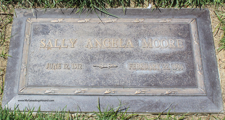 The grave and tombstone of Sally Angela Moore, 1912-1986, the wife of Clayton Moore, The Lone Ranger.