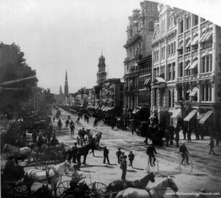 Hartford, Connecticut, Bicycles on Main Street, 1885, historic photo