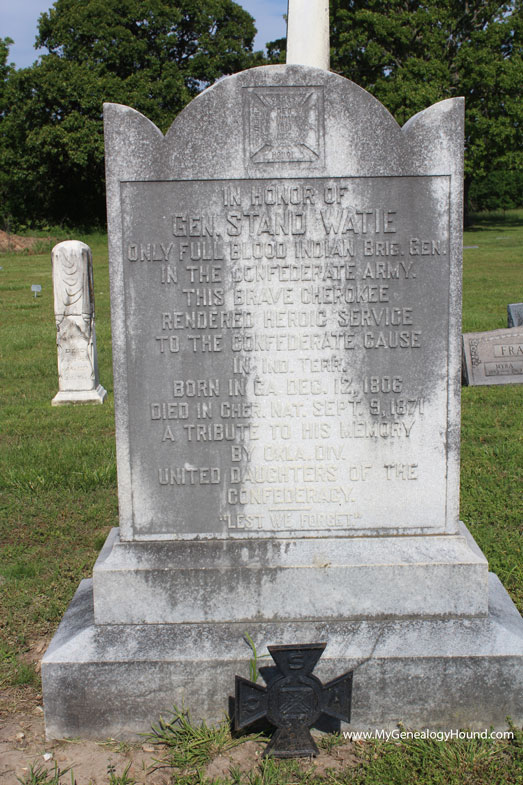 The monument placed by the Oklahoma Division United Daughters of the Confederacy at the grave of General Stand Watie.