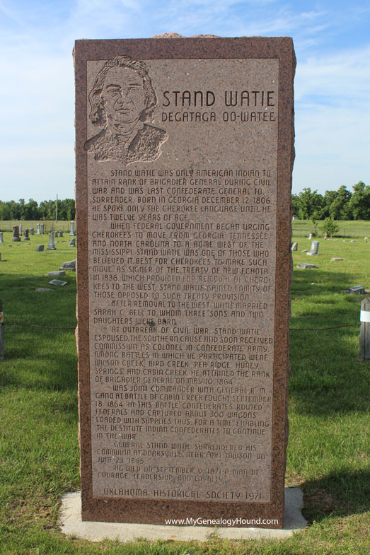 A monument in honor of General Stand Watie placed by the Oklahoma Historical Society at the entrance of Polson Cemetery.