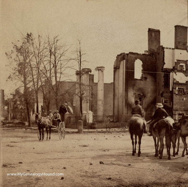 The Bank of Chambersburg, Pennsylvania burned during the Civil War on July 30, 1864, historic photo, side view