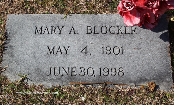 The tombstone of Dan Blocker's mother, Mary A. Blocker, 1901-1998. De Kalb, Texas
