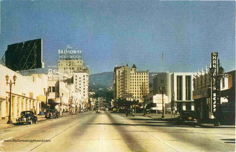 Hollywood, California, Sunset and Vine Streets, vintage postcard, historic photo