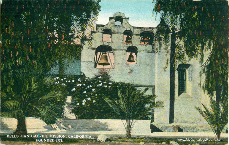 The bells at the San Gabriel Mission, California. Founded in 1771