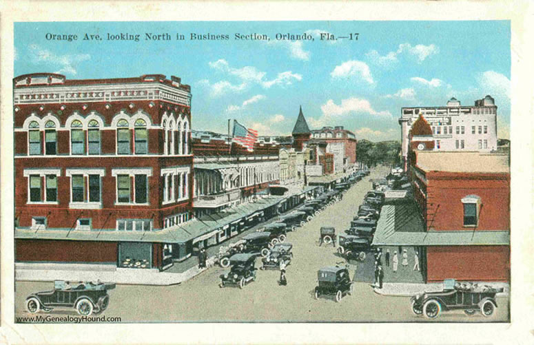 Orlando, Florida, Orange Avenue Looking North in Business Section, vintage postcard, historic photo
