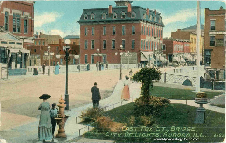 Aurora, Illinois, East Fox Street Bridge, City of Lights, vintage postcard, historic photo