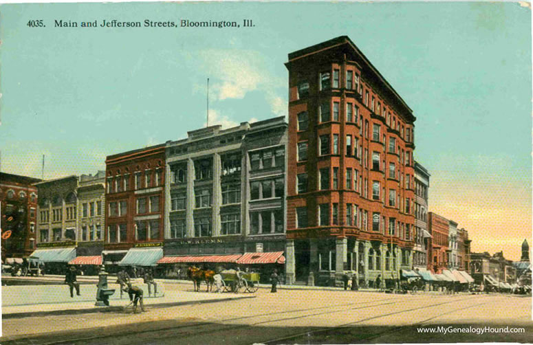 Bloomington, Illinois, Main and Jefferson Streets, vintage postcard, historic photo