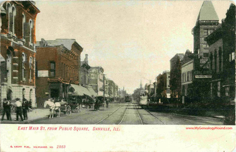 Danville, Illinois, East Main Street from Public Square, vintage postcard, historic photo