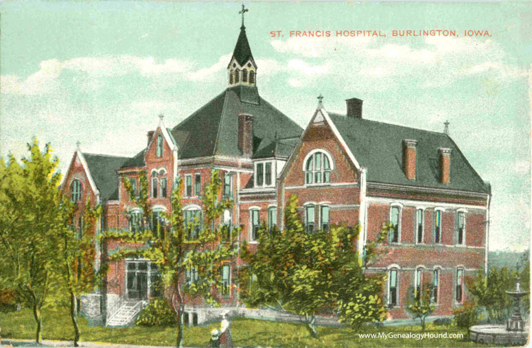 Burlington, Iowa, St. Francis Hospital, vintage postcard, historic photo