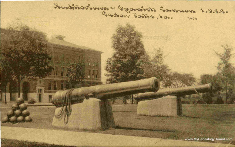 Cedar Falls, Iowa, Auditorium and Spanish Cannon, I. S. T. C., vintage postcard, historic photo