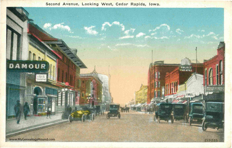 Cedar Rapids, Iowa, Second Avenue Looking West, vintage postcard, historic photo