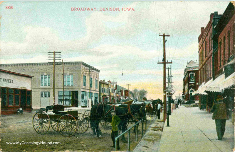 Denison, Iowa Broadway street view vintage postcard, historic photo