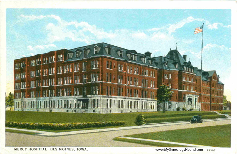 Des Moines, Iowa, Mercy Hospital, vintage postcard, historic photo