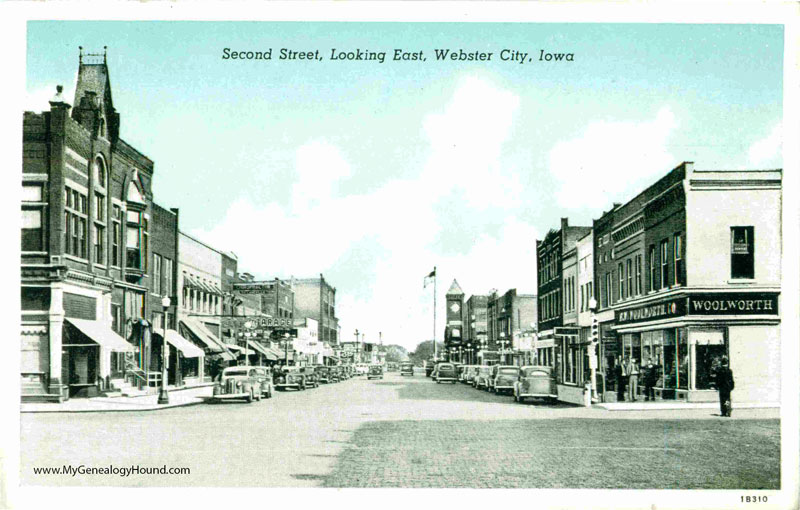 Webster City, Iowa, Second Street, Looking East, vintage postcard, historic photo