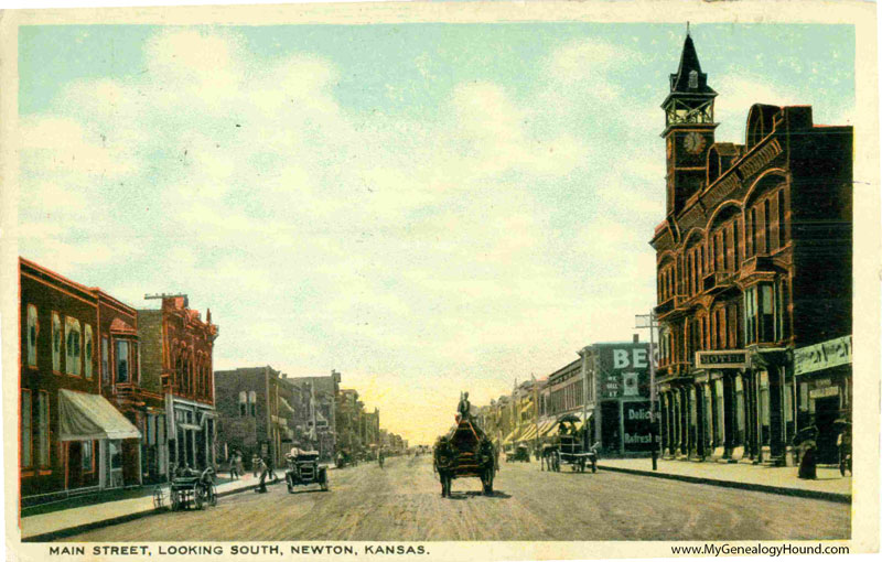 Newton, Kansas, Main Street, Looking South, vintage postcard, historic photo