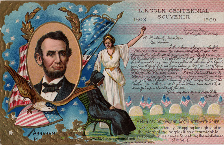 Abraham Lincoln Writes to Mrs. Bixby, Mother who lost five sons, 1908 vintage postcard photo
