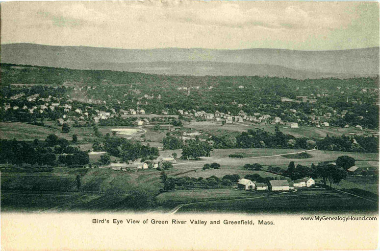 Greenfield, Massachusetts, Bird's Eye View of Green River Valley and Greenfield, vintage postcard, historic photo