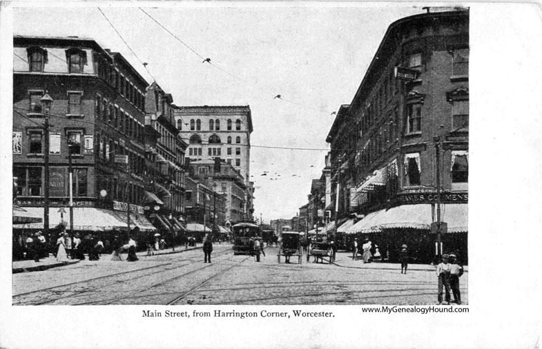 Worcester, Massachusetts, Main Street from Harrington Corner, vintage postcard photo, grayscale