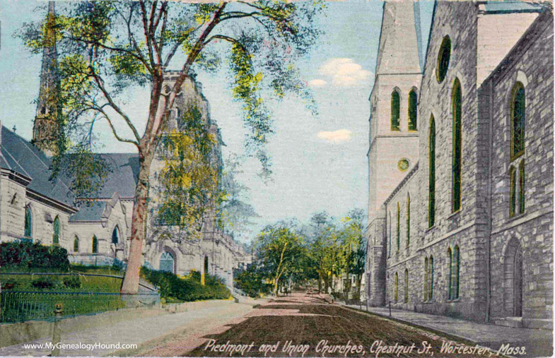 Worcester, Massachusetts, Piedmont and Union Churches, Chestnut Street, vintage postcard photo