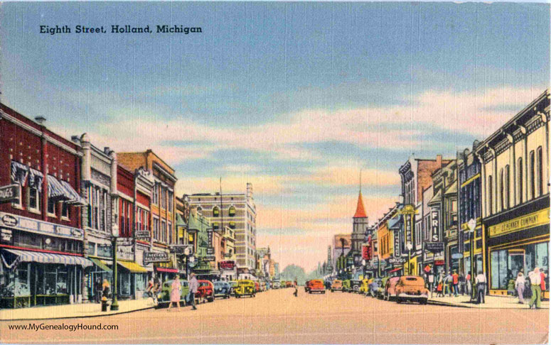 business street view of Eighth Street, Holland, Michigan, vintage postcard, photo