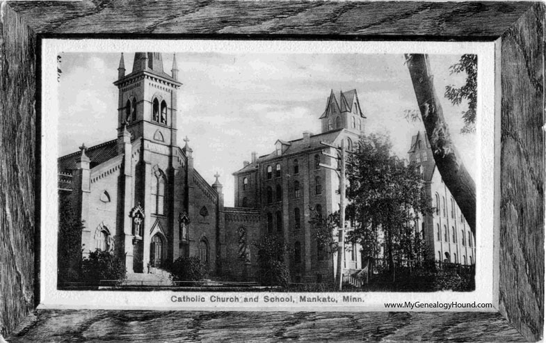 Mankato, Minnesota, Catholic Church and School, vintage postcard photo