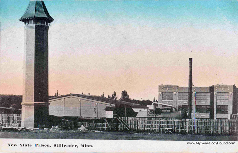 Early view of the State Prison with a guard tower at the left, Stillwater, Minnesota, historic postcard photo