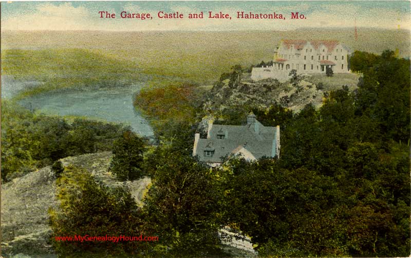 Hahatonka, Missouri Garage, Castle and Lake vintage postcard, antique photo 