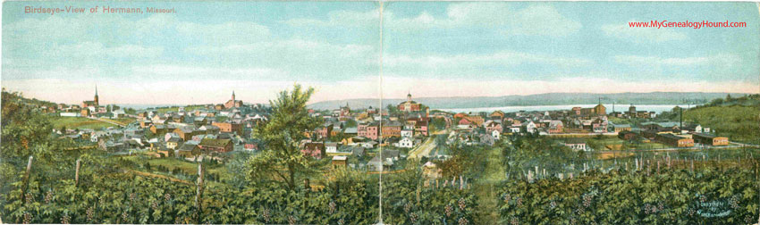 Hermann, Missouri, Birds Eye View, vintage postcard, Historic Photo
