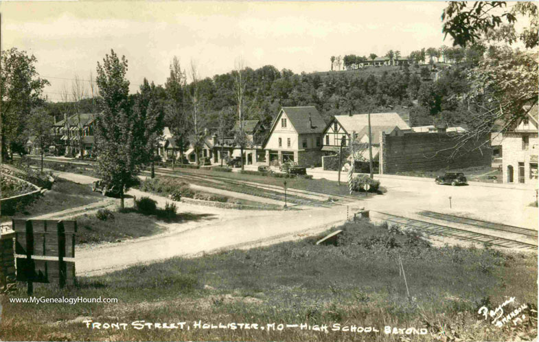 Hollister, Missouri, Front Street, and High School, vintage postcard, historic photo