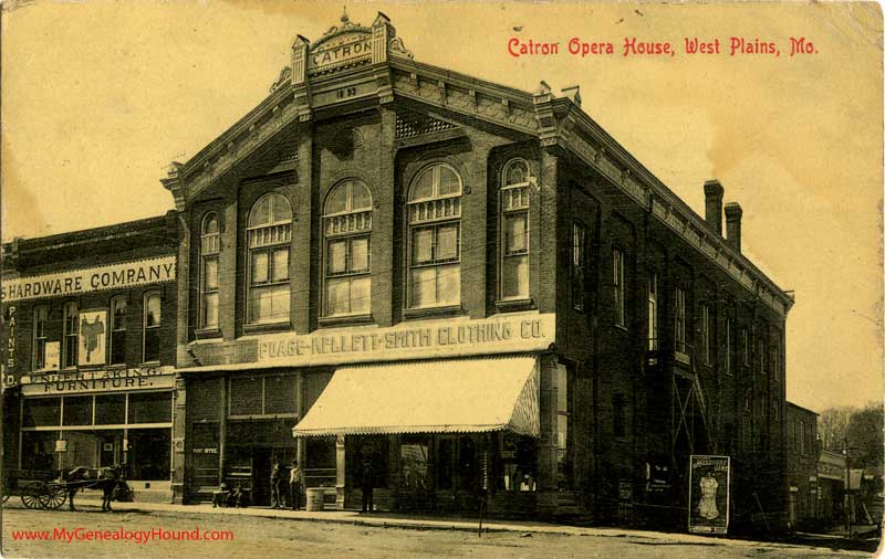 West Plains, Missouri Catron Opera House, Aid Hardware vintage postcard, photo, antique, historical