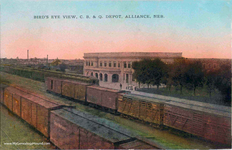 Alliance, Nebraska, Bird's Eye View C. B. and Q. Depot, vintage postcard photo