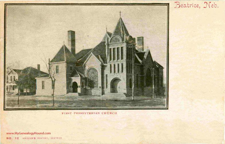Beatrice, Nebraska, First Presbyterian Church, vintage postcard photo