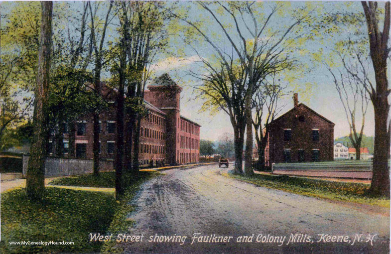 Keene, New Hampshire, West Street showing Faulkner and Colony Mills, vintage postcard photo