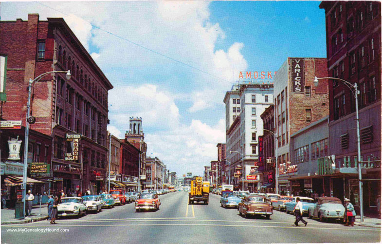 Elm Street, Manchester, New Hampshire during the 1950's, vintage postcard, photo