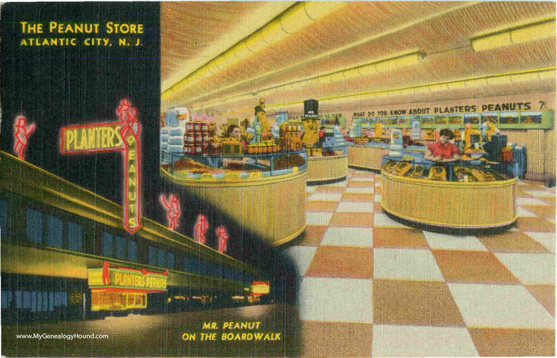 Atlantic City, New Jersey, The Peanut Store, Mr. Peanut, Planters Peanuts, vintage postcard, historic photo