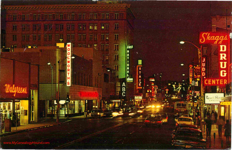 Albuquerque, New Mexico, Central Avenue looking East, at night, vintage postcard photo