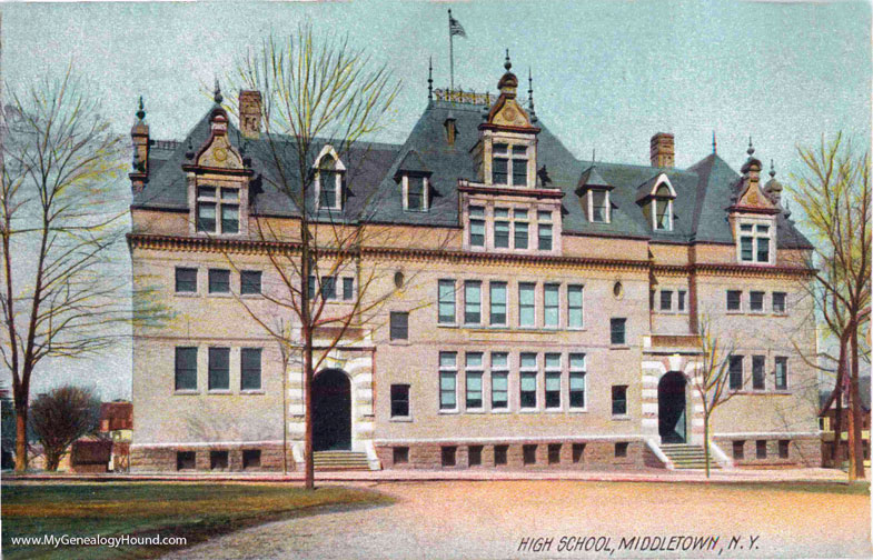 Middletown, New York, High School, vintage postcard photo, color