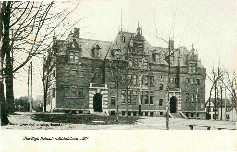 Middletown, New York, High School, vintage postcard photo, grayscale