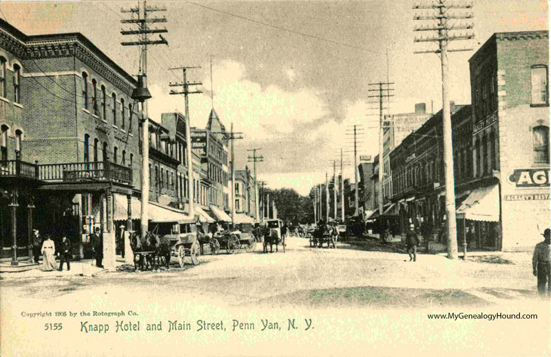 Penn Yan, New York, Knapp Hotel and Main Street, vintage postcard, historic photo